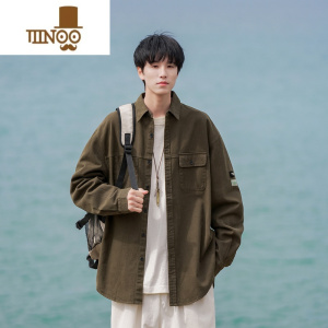 YANXU@ 日系复古军绿色工装衬衫男长袖秋季宽松翻领衬衣外套