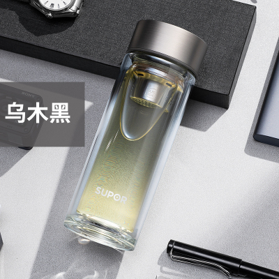 苏泊尔耐热玻璃杯优质304不锈钢茶滤男女士双层透明简约便携随手家用泡茶杯 KC28/33DU10