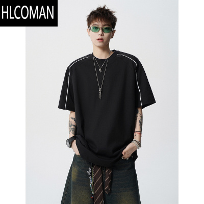 HLCOMAN潮牌设计感拼接短袖男夏季美式条纹宽松T恤vibe高街百搭休闲体恤