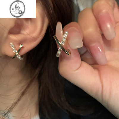 JiMi温柔气质 交叉设计感珍珠耳钉银银女耳环2022年新款潮洋气耳饰女