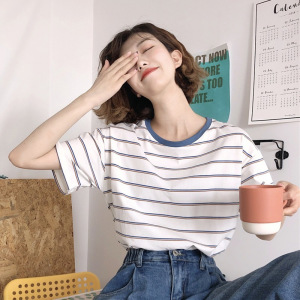 短袖T恤女新款夏季学院风宽松显瘦条纹学生上衣服女圆领打底衫INS