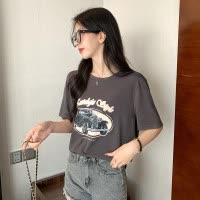 [2.5折价46.4元叠加优惠券]唐狮夏女圆领前胸图案短袖T恤百搭美式气质时尚减龄显瘦