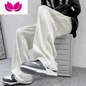 七斓高级感白色裤子男青少年垂感个性阔腿裤高街ins潮宽松褶皱休闲裤