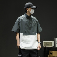 夏季Polo衫短袖T恤复古潮牌拼色百搭男女同款拼接梭织体恤衫男装