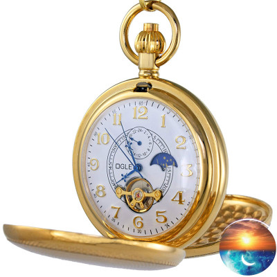 欧哥铜镀金双开翻盖镂空男女老人月相陀飞轮自动机械怀表同款