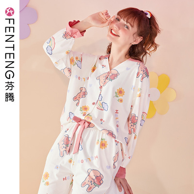 芬腾春秋纯棉长袖睡衣女甜美可爱少女全棉开衫秋冬日系家居服套装