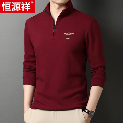恒源祥长袖t恤男春秋中年爸爸装纯棉polo衫本命年半拉链立领上衣