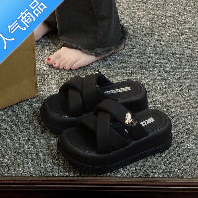 SUNTEK黑色厚底增高拖鞋女夏外穿2023新款时尚交叉海边度假凉拖沙滩凉鞋