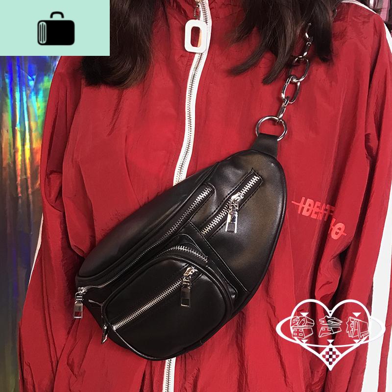 日系ins暗黑系铁环pu土酷蹦迪街拍潮搭男女情侣 嘻哈胸包斜挎包NEW LAKE男士斜挎包