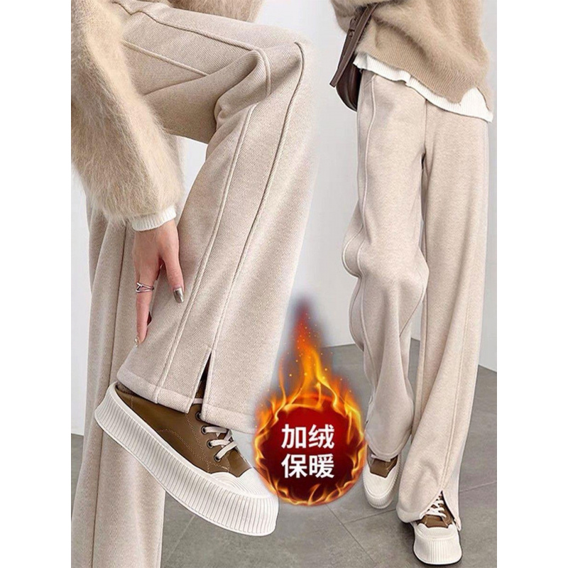 羊毛阔腿裤女新款秋冬加绒窄版小个子人字纹开叉毛呢直筒裤子