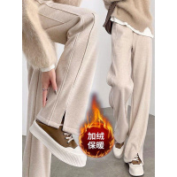 羊毛阔腿裤女新款秋冬加绒窄版小个子人字纹开叉毛呢直筒裤子