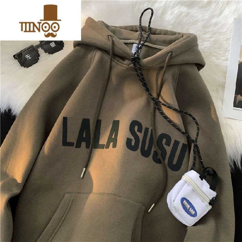 YANXU美式oversize卫衣男款加绒加厚连帽潮牌棕色宽松百搭外套