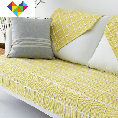 格子沙发垫北欧简约现代沙发套罩四季通用靠背巾扶手盖巾坐垫加厚格纹提花-黄90*120cm御蓝锦