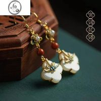 JiMi和田白玉四叶草S925银耳环东方古典彩绘南红珐琅彩绘耳坠中式旗袍