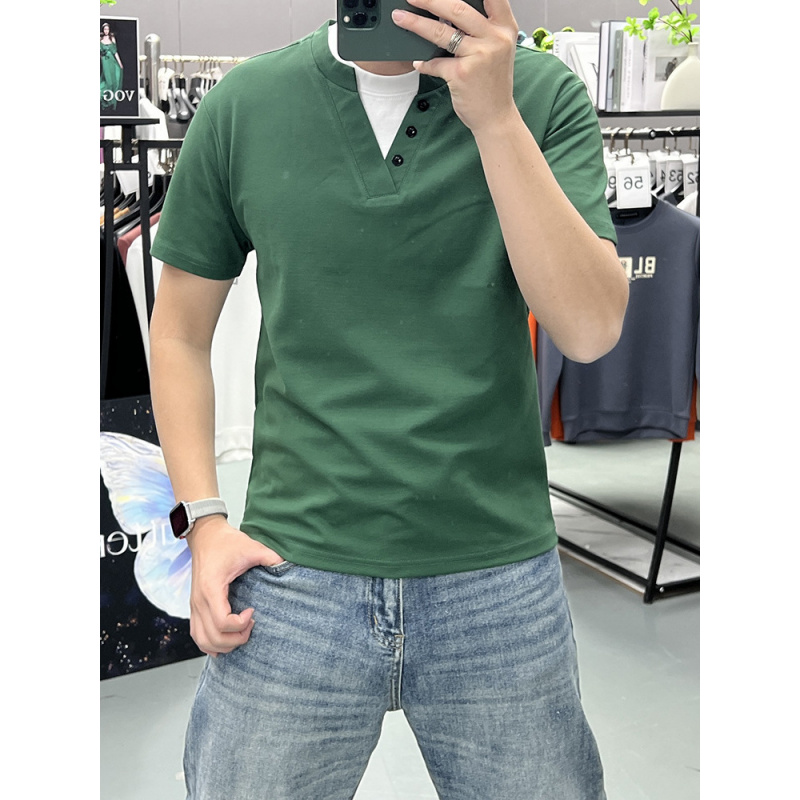 夏装新款高货短袖T恤男士半袖打底衫假两件扣子半袖潮流男装上衣