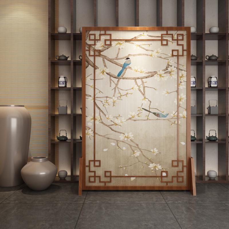 定制中式屏风客厅酒店山水镂空实木遮挡家用玄关隔断花鸟座屏 胡桃木120*180
