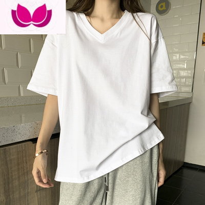七斓白色短袖t恤女夏季中长宽松韩版大码半袖纯色v领ins超火上衣