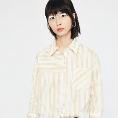 初语衬衫女夏装新款色条纹不对称拼接七分袖韩版宽松衬衣~