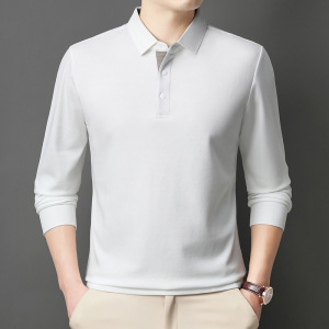 桑蚕丝纯色翻领长袖男士T恤秋季新款中年商务打底衫男