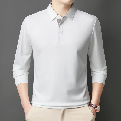 桑蚕丝纯色翻领长袖男士T恤秋季新款中年商务打底衫男