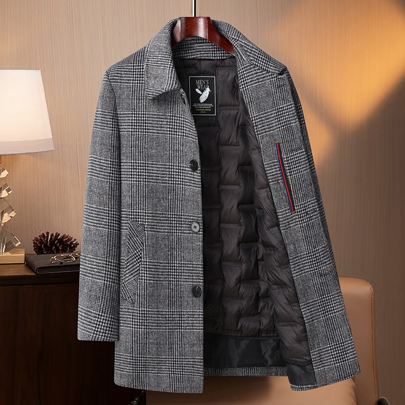 男装格子羊毛呢外套秋冬款轻奢男士商务休闲呢大衣风衣中老年爸爸