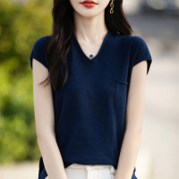 夏季新款棉线短袖薄款针织上衣女V领套头宽松半袖T恤衫背心T恤