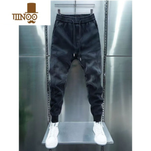 YANXU2023春季新款男牛仔裤渐变色束脚哈伦休闲裤黑灰色修身小脚裤潮牌