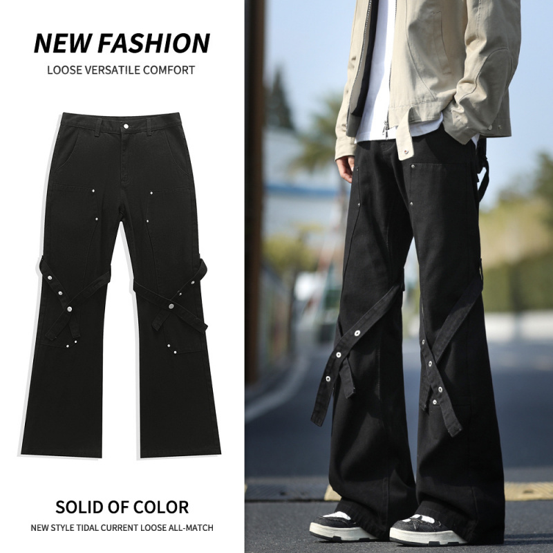 暗黑风交叉绑带微喇牛仔裤 潮牌铆钉装饰宽松阔腿裤工装长裤男款