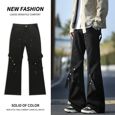 暗黑风交叉绑带微喇牛仔裤潮牌铆钉装饰宽松阔腿裤工装长裤男款