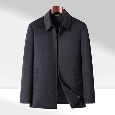 100羊毛夹克男士轻奢商务秋冬中年休闲翻领毛呢夹克爸爸装男外套