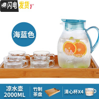 三维工匠玻璃果汁壶耐热冷水壶大容量茶壶凉白开水壶家用凉水壶套装 竹制茶盘套装(海蓝色)