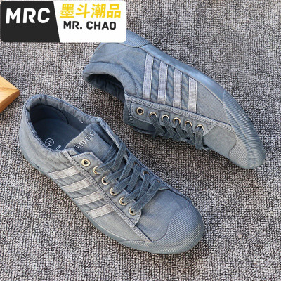 港风帆布鞋男复古系带鞋透气板鞋男韩版潮鞋休闲鞋低帮布鞋男新款墨斗潮品