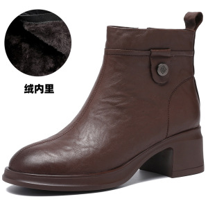 真皮粗跟短靴女冬季软底加绒妈妈皮鞋防滑中跟复古舒适女棉靴