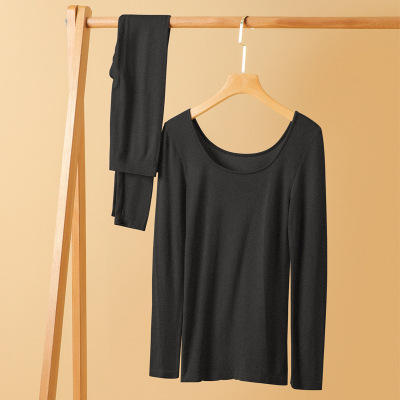 秋冬德绒保暖内衣女螺纹方领薄款发热秋衣秋裤套装女士打底保暖衣