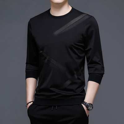 年春季新款卫衣男圆领休闲套头印花中年长袖T恤男打底上衣男