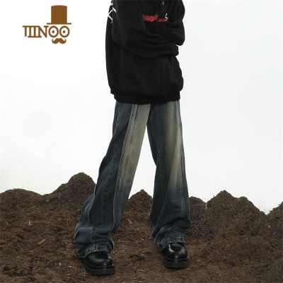 YANXUMaxDstr 美式复古高街拼接设计牛仔裤男宽松堆积感直筒阔腿长裤子