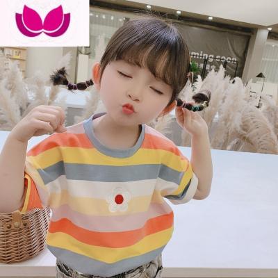 七斓女童短袖t恤2022新款3中小童宽松条纹半袖纯气4夏装上衣体1恤