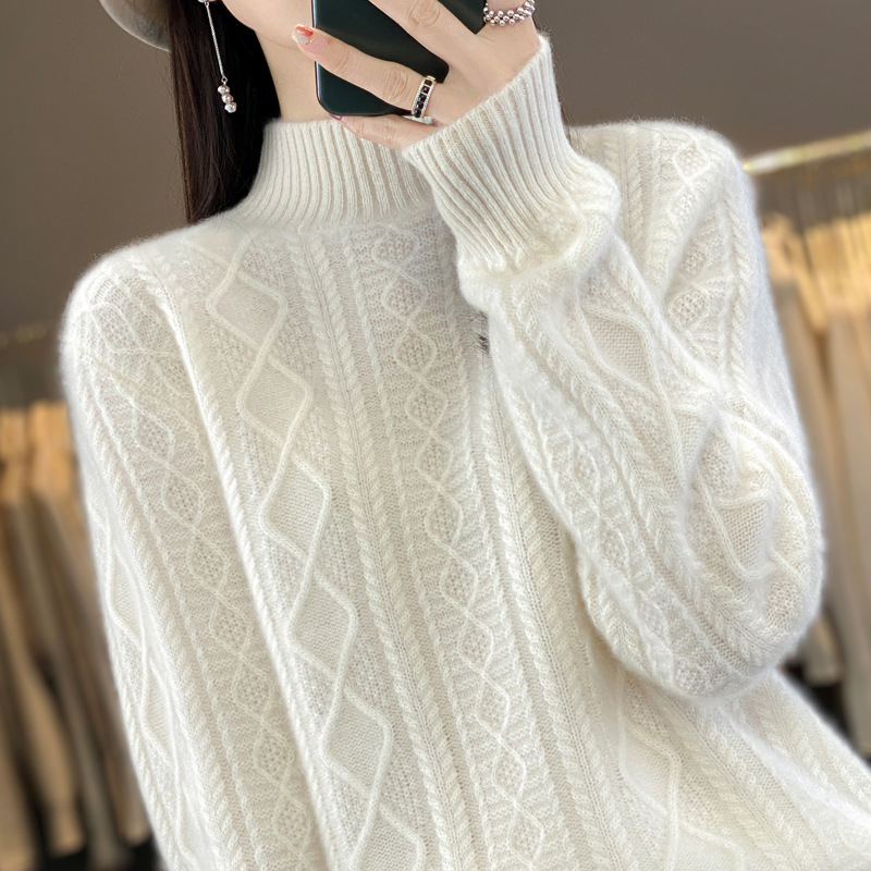 高领套头毛衣女秋冬新款宽松加厚针织衫内搭短款菱形打底衫女