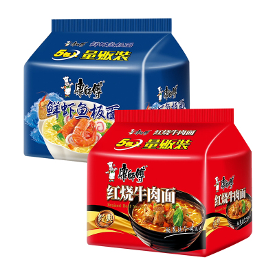 康师傅 红烧牛肉面五连包105g*5袋 /包+鲜虾鱼板面五连包98g*5袋/包 2口味(2包组)