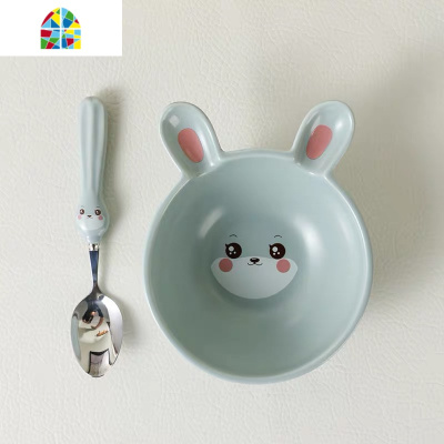 创意卡通陶瓷餐具可爱学生零食碗水果碗宝宝辅食碗吃饭碗带勺微波 FENGHOU 鲸鱼+碗+叉+勺+杯五件货