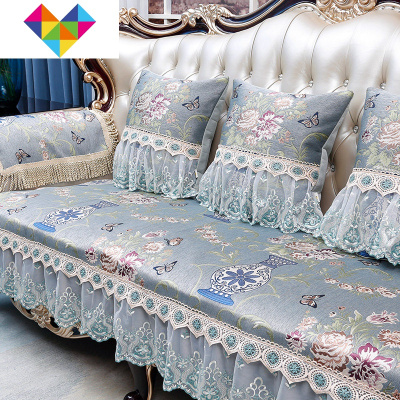 欧式沙发垫套罩四季通用防滑贵妃123组合轻美式真皮坐垫蝶恋花-灰蓝(80+裙摆)*75cm御蓝锦