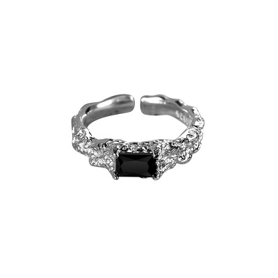 中性ins冷淡风黑锆石戒指女s925纯银肌理不规则潮流开口食指戒送女朋友老婆情人节七夕生日礼物