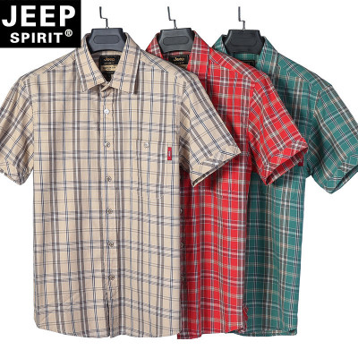 JEEP SPIRIT薄款短袖衬衫男纯棉夏格子衬衣男宽松大码半袖衬衫