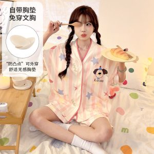 睡衣女士带胸垫夏季开衫和服V领韩版可爱仿棉短袖短裤家居服套装