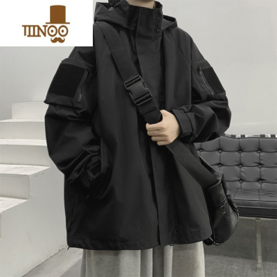 YANXU黑色冲锋衣外套男秋季新款美式高街痞帅机能潮牌百搭宽松连帽夹克