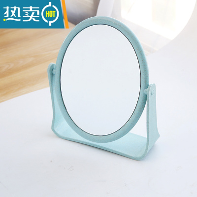敬平韩姬 双面旋转梳妆镜台式小 简约折叠化妆便携公主镜化妆镜 椭圆蓝色[双面镜]便携式用镜