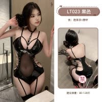 九里晴川胸前镂空漆皮绑带魅力性感连体衣小胸显大套装纯欲睡衣 九里晴川LT023[开裆漆皮连体衣] 均码
