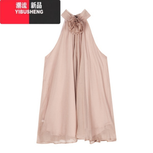 YIBUSHENG气质名媛立体花朵挂脖无袖连衣裙仙女季温柔风法式露肩裙子短裙