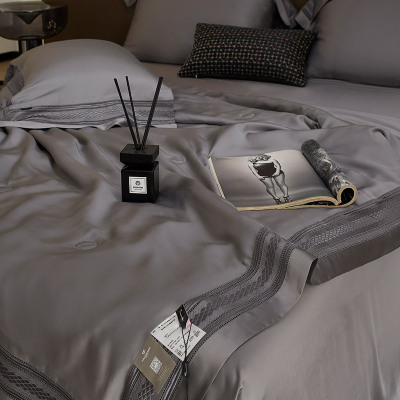 夏季空调被80S天丝夏凉被四件套高级感镂空蕾丝简约可水洗被