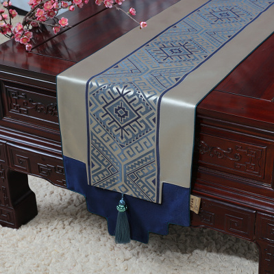 新中式古典玉桌旗茶几长条布艺中国风桌布床柜旗电视柜盖布 简欧提花蓝 34*150适合桌长90-100CM